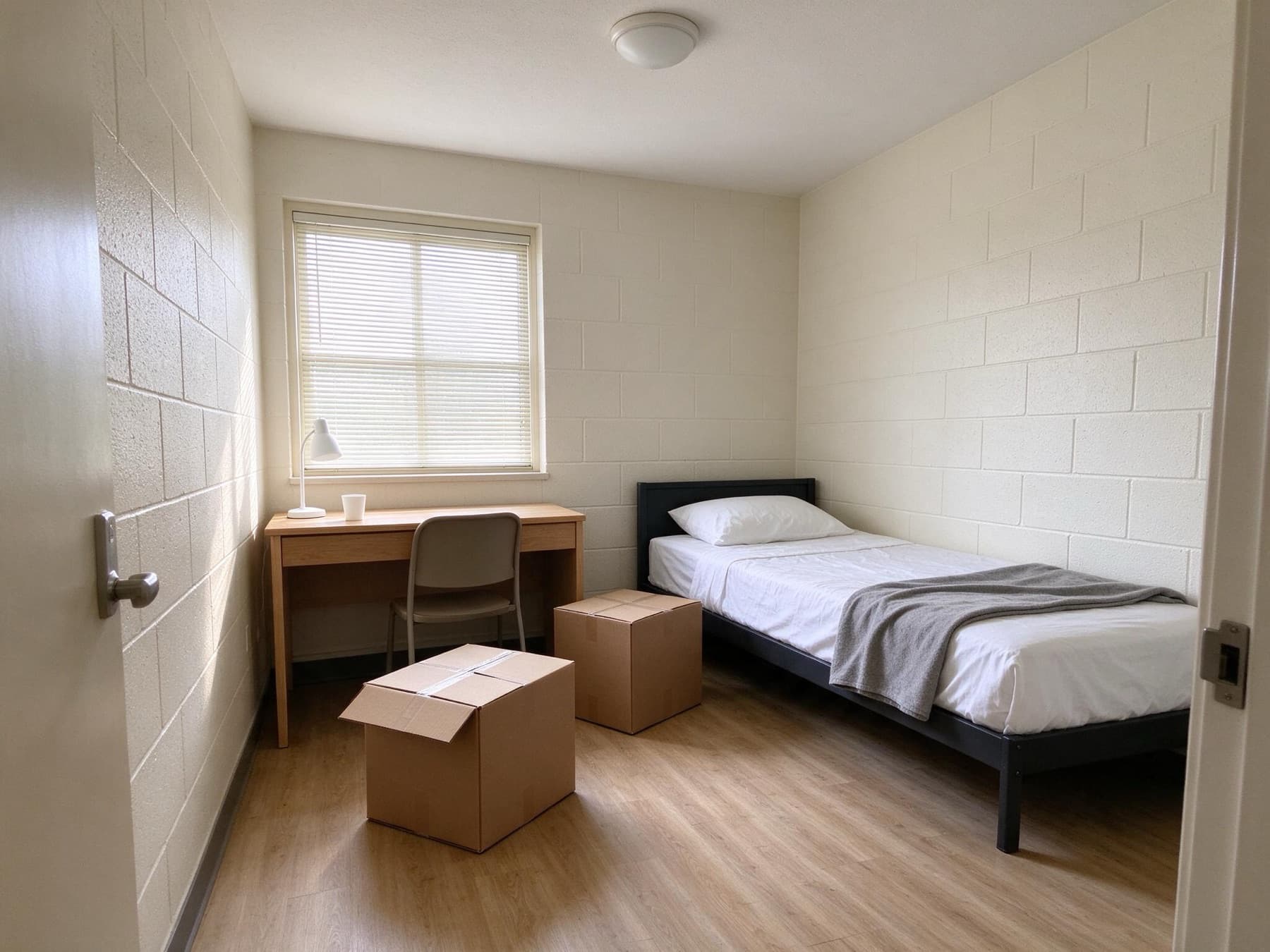 A plain dorm room on move-in day